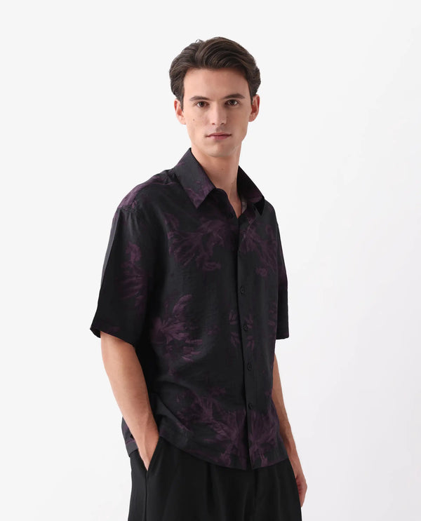Rare Rabbit Men Nao Black Viscose Fabric Half Sleeve Collared Neck Button Closure Boxy Fit Abstract Print Shirt