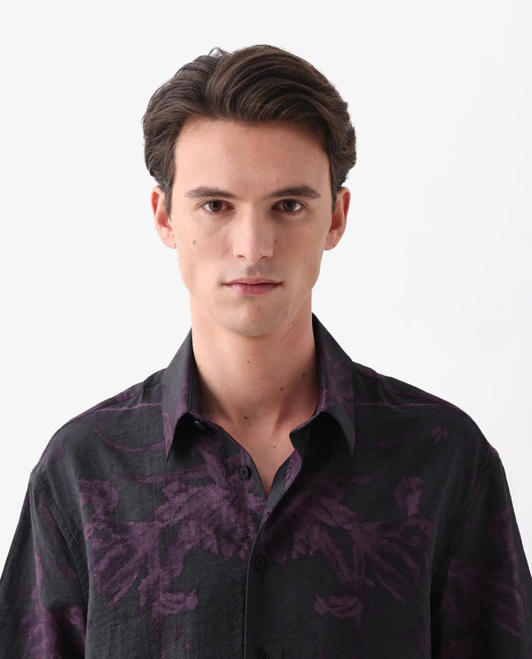 Rare Rabbit Men Nao Black Viscose Fabric Half Sleeve Collared Neck Button Closure Boxy Fit Abstract Print Shirt