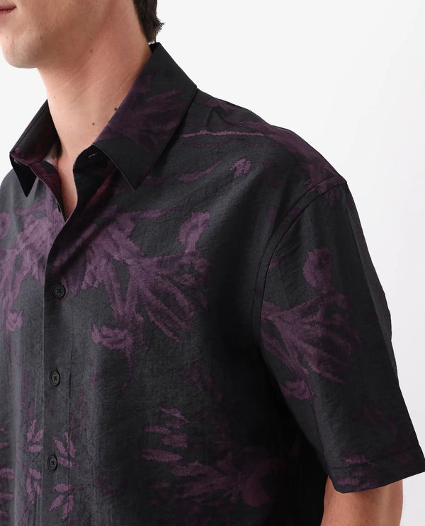 Rare Rabbit Men Nao Black Viscose Fabric Half Sleeve Collared Neck Button Closure Boxy Fit Abstract Print Shirt