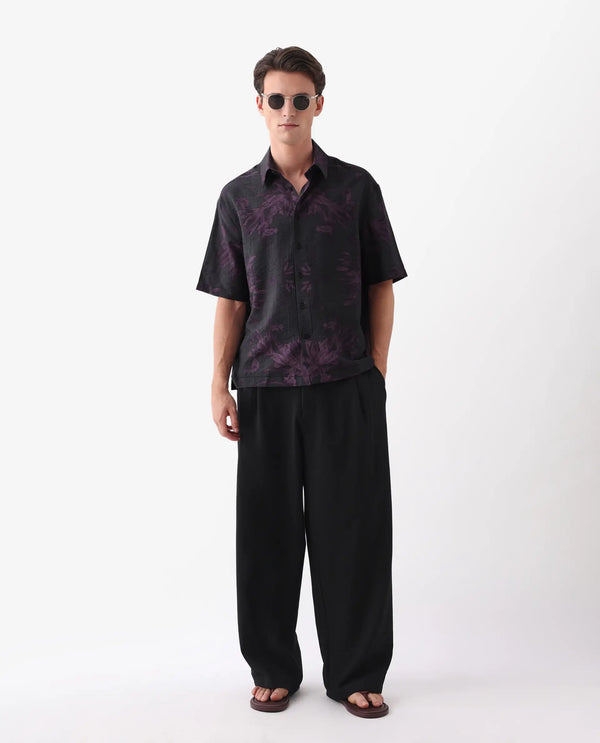 Rare Rabbit Men Nao Black Viscose Fabric Half Sleeve Collared Neck Button Closure Boxy Fit Abstract Print Shirt