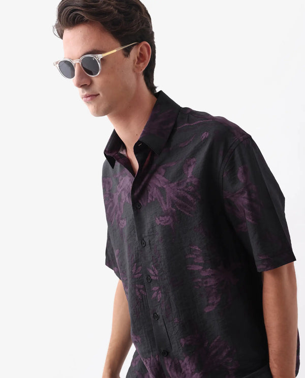 Rare Rabbit Men Nao Black Viscose Fabric Half Sleeve Collared Neck Button Closure Boxy Fit Abstract Print Shirt