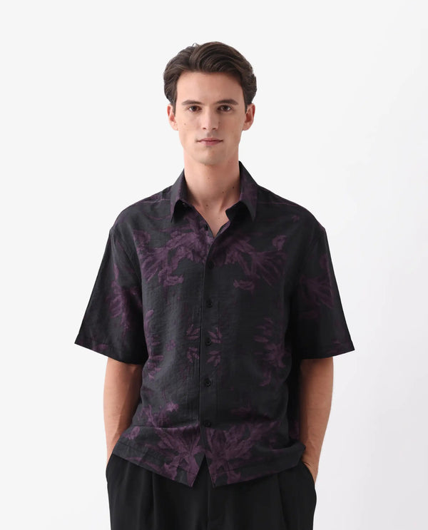 Rare Rabbit Men Nao Black Viscose Fabric Half Sleeve Collared Neck Button Closure Boxy Fit Abstract Print Shirt