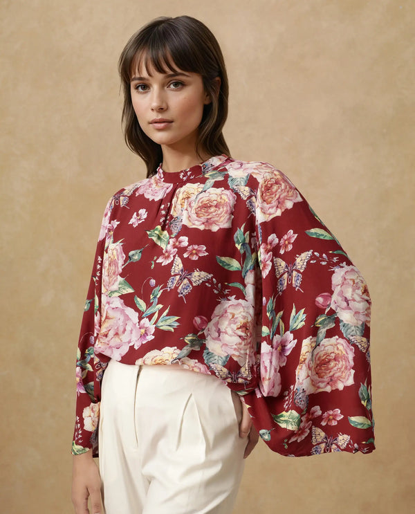 Rareism Women Naplesco Maroon Bell Sleeves High Neck Button Closure Floral Print Top