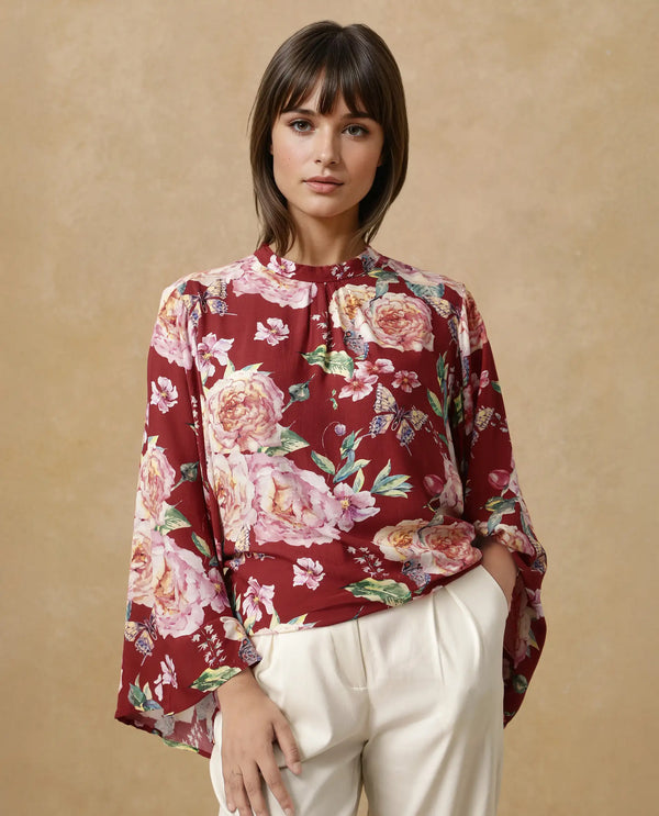 Rareism Women Naplesco Maroon Bell Sleeves High Neck Button Closure Floral Print Top