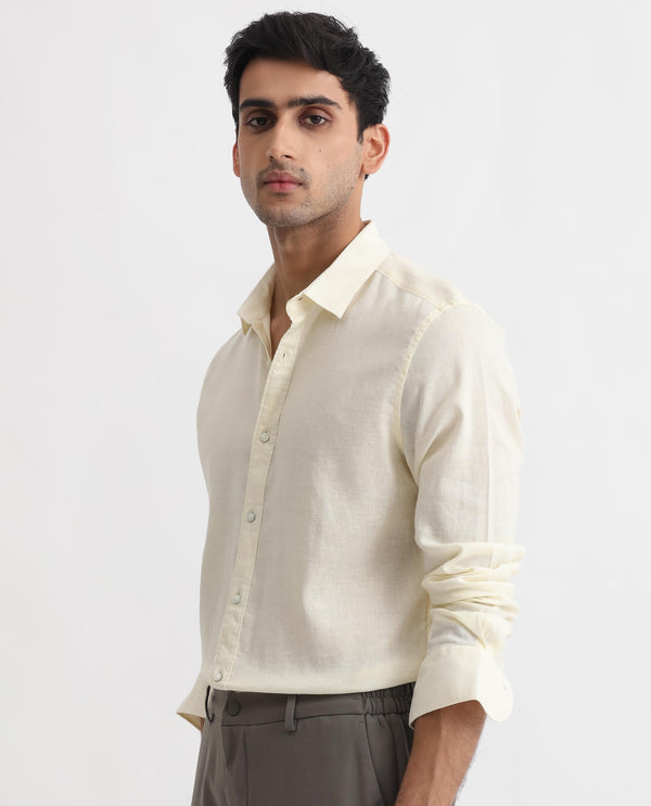 Rare Rabbit Men's Naples Yellow Viscose Linen Fabric Full Sleeves Solid Shirt