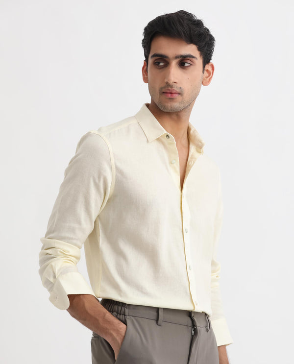Rare Rabbit Men's Naples Yellow Viscose Linen Fabric Full Sleeves Solid Shirt