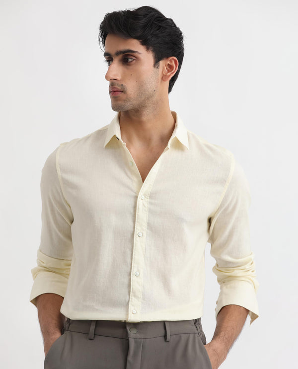 Rare Rabbit Men's Naples Yellow Viscose Linen Fabric Full Sleeves Solid Shirt