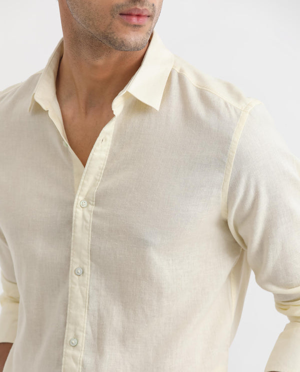 Rare Rabbit Men's Naples Yellow Viscose Linen Fabric Full Sleeves Solid Shirt