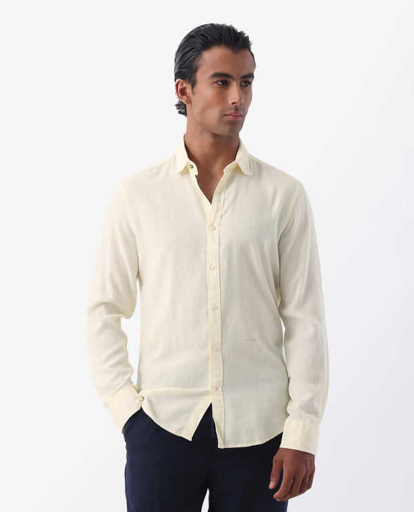 Rare Rabbit Men's Naples Yellow Viscose Linen Fabric Full Sleeves Solid Shirt