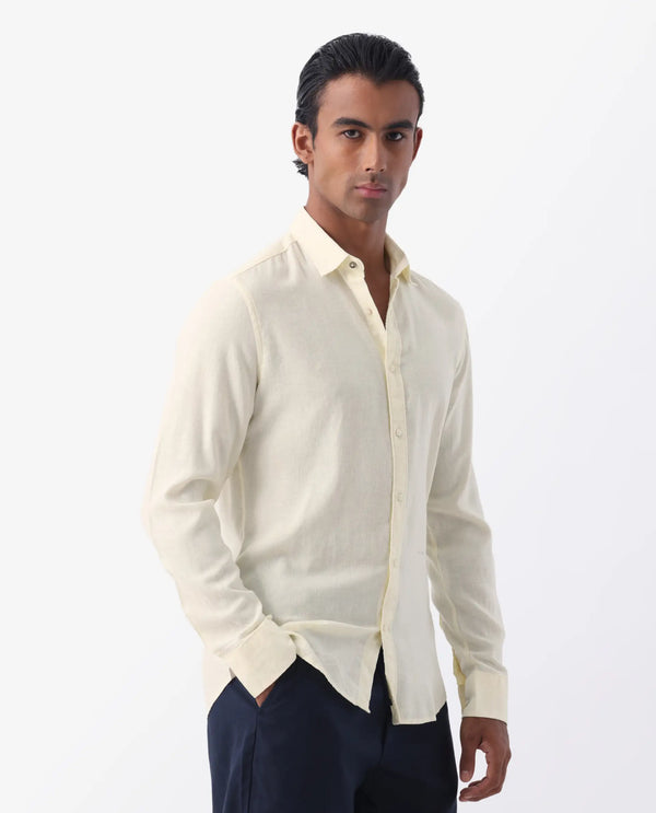 Rare Rabbit Men's Naples Yellow Viscose Linen Fabric Full Sleeves Solid Shirt