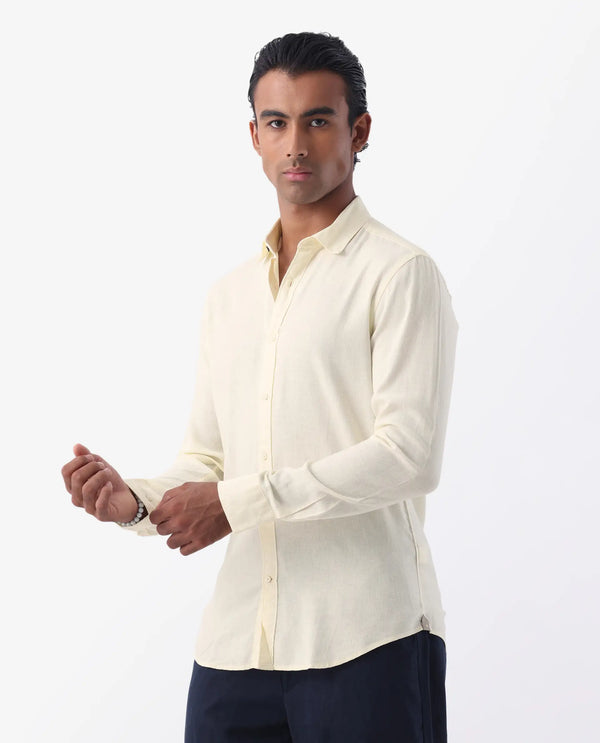Rare Rabbit Men's Naples Yellow Viscose Linen Fabric Full Sleeves Solid Shirt