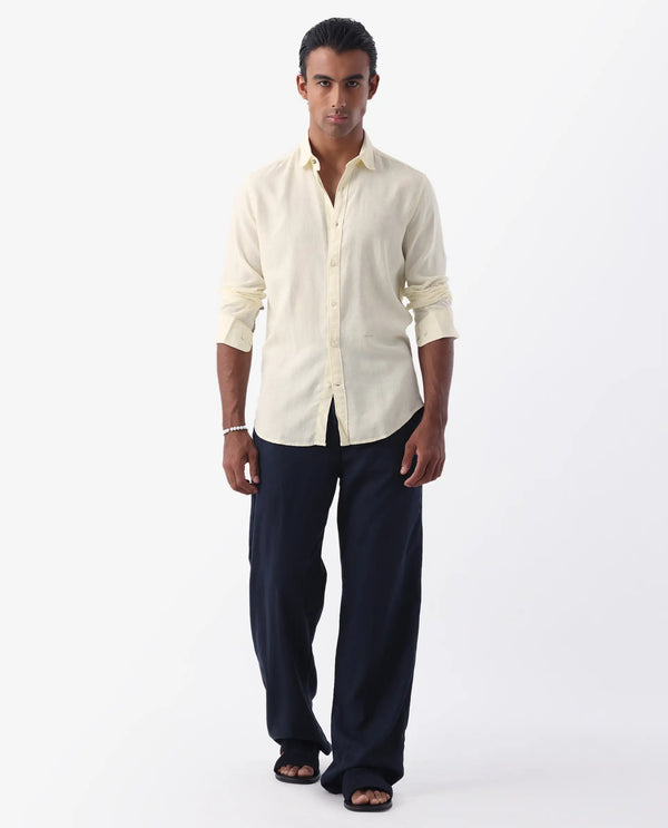 Rare Rabbit Men's Naples Yellow Viscose Linen Fabric Full Sleeves Solid Shirt