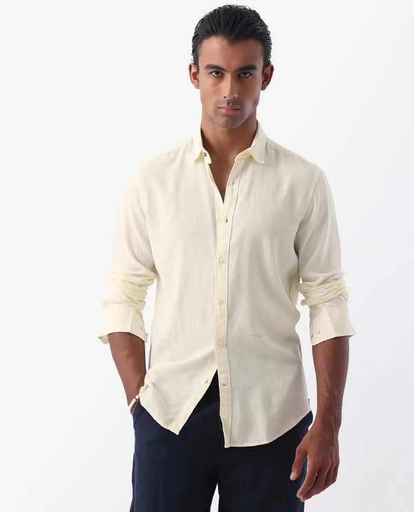 Rare Rabbit Men's Naples Yellow Viscose Linen Fabric Full Sleeves Solid Shirt