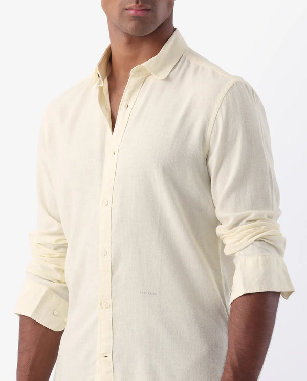 Rare Rabbit Men's Naples Yellow Viscose Linen Fabric Full Sleeves Solid Shirt