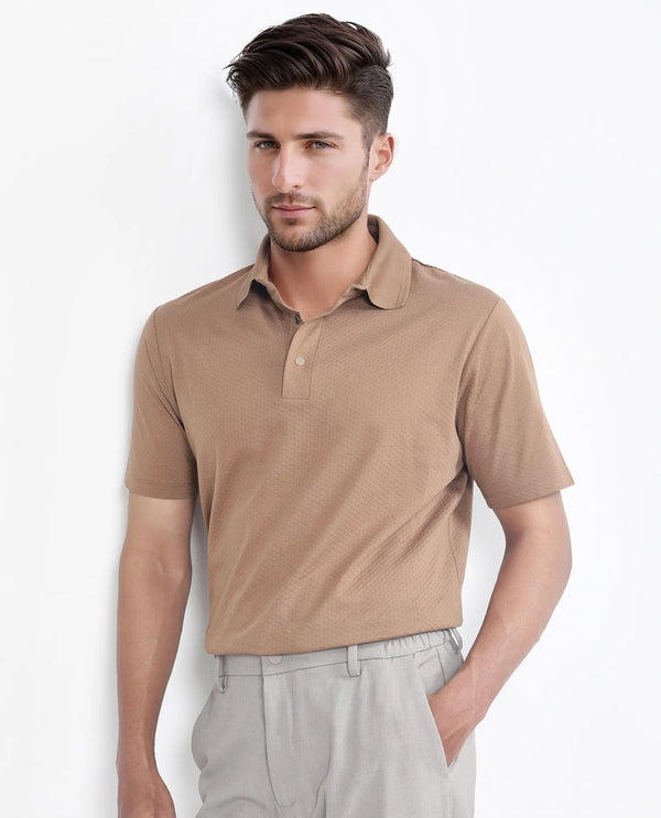 Rare Rabbit Men Nark Dusky Brown Cotton Fabric Short Sleeve Collared Neck Snap Button Plain Polo