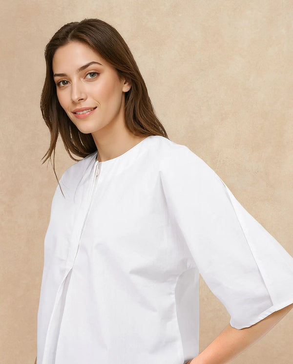 Rareism Women Naruto White Cotton Fabric Balloon Sleeve Round Neck Solid Regular Length Top