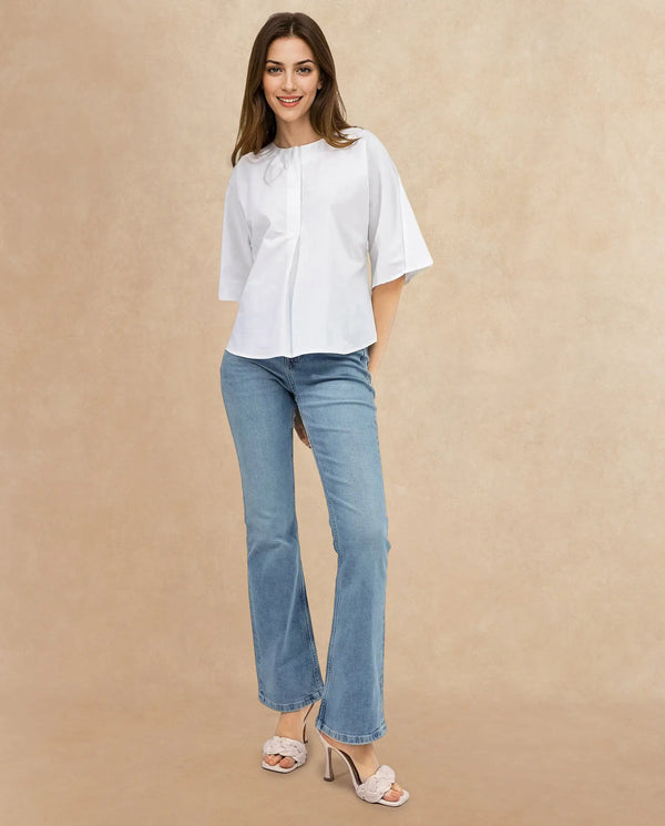 Rareism Women Naruto White Cotton Fabric Balloon Sleeve Round Neck Solid Regular Length Top
