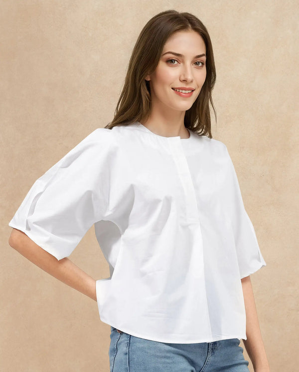 Rareism Women Naruto White Cotton Fabric Balloon Sleeve Round Neck Solid Regular Length Top