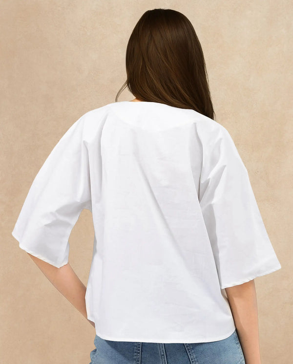Rareism Women Naruto White Cotton Fabric Balloon Sleeve Round Neck Solid Regular Length Top