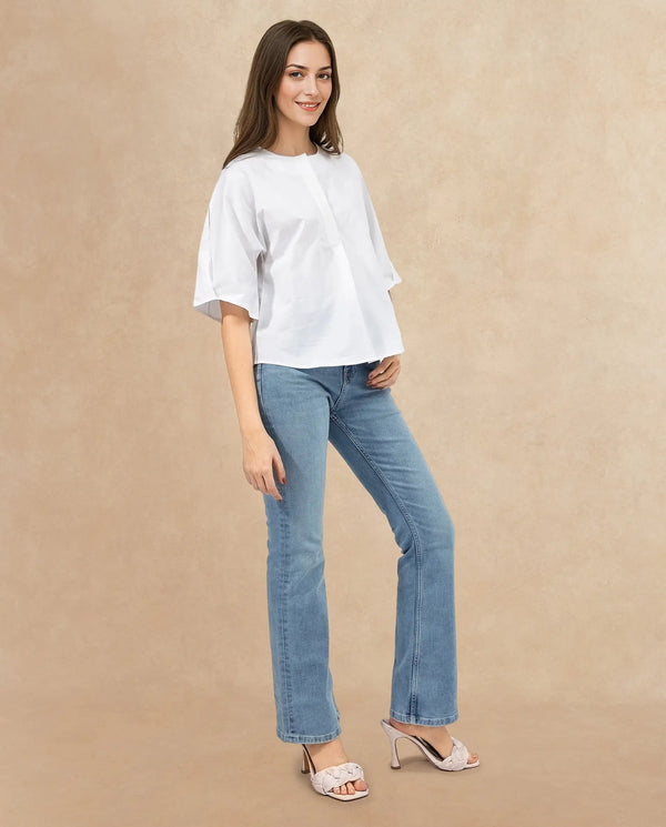 Rareism Women Naruto White Cotton Fabric Balloon Sleeve Round Neck Solid Regular Length Top