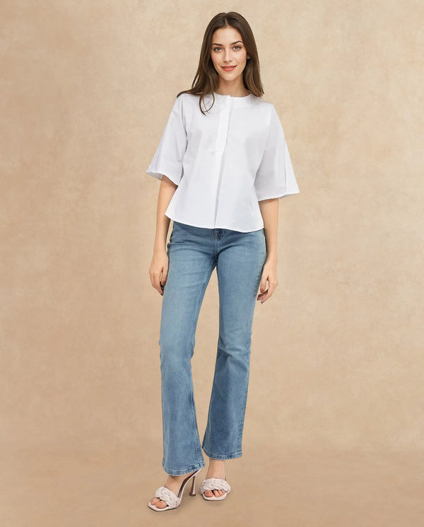 Rareism Women Naruto White Cotton Fabric Balloon Sleeve Round Neck Solid Regular Length Top