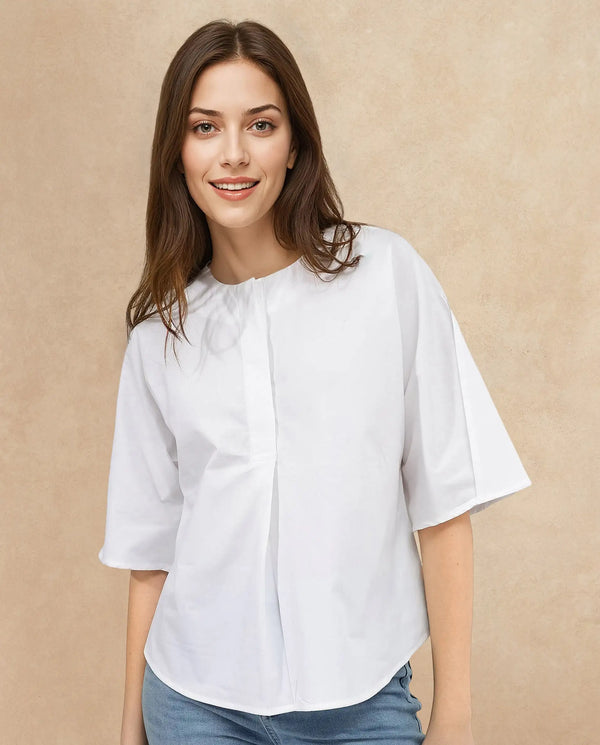 Rareism Women Naruto White Cotton Fabric Balloon Sleeve Round Neck Solid Regular Length Top