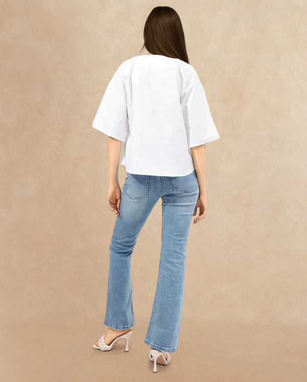 Rareism Women Naruto White Cotton Fabric Balloon Sleeve Round Neck Solid Regular Length Top