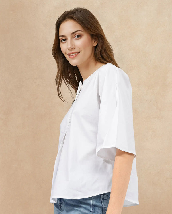 Rareism Women Naruto White Cotton Fabric Balloon Sleeve Round Neck Solid Regular Length Top
