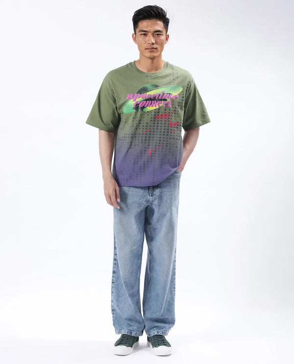 Rare Rabbit Men Nas Olive Cotton Fabric Short Sleeve Crew Neck Oversized Fit Ombre and Graphic Print T-Shirt