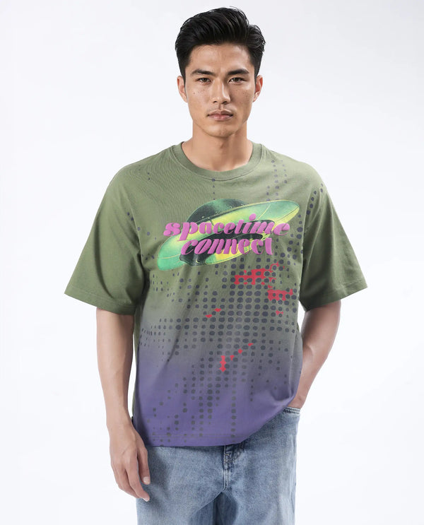Rare Rabbit Men Nas Olive Cotton Fabric Short Sleeve Crew Neck Oversized Fit Ombre and Graphic Print T-Shirt