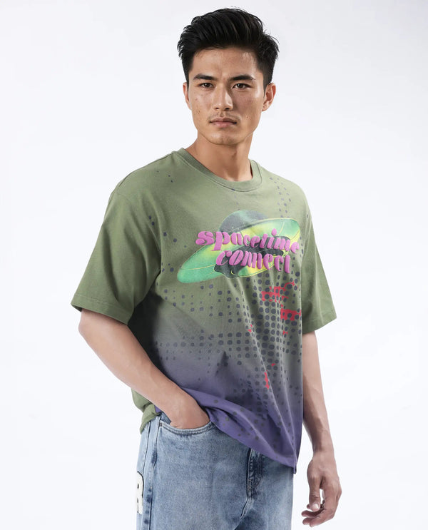 Rare Rabbit Men Nas Olive Cotton Fabric Short Sleeve Crew Neck Oversized Fit Ombre and Graphic Print T-Shirt