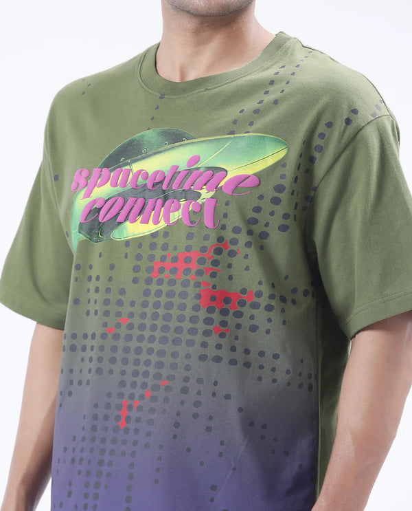 Rare Rabbit Men Nas Olive Cotton Fabric Short Sleeve Crew Neck Oversized Fit Ombre and Graphic Print T-Shirt