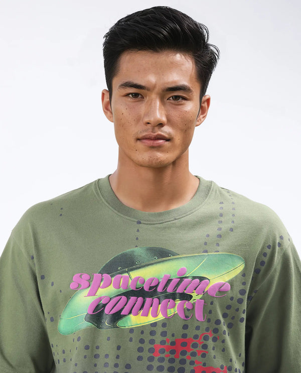Rare Rabbit Men Nas Olive Cotton Fabric Short Sleeve Crew Neck Oversized Fit Ombre and Graphic Print T-Shirt