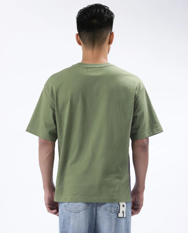 Rare Rabbit Men Nas Olive Cotton Fabric Short Sleeve Crew Neck Oversized Fit Ombre and Graphic Print T-Shirt