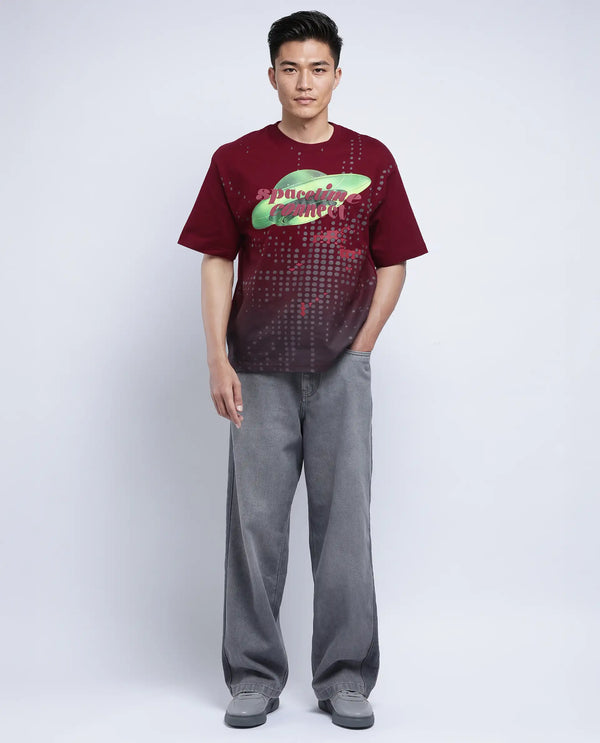 Rare Rabbit Men Nas Red Cotton Fabric Short Sleeve Crew Neck Oversized Fit Ombre and Graphic Print T-Shirt
