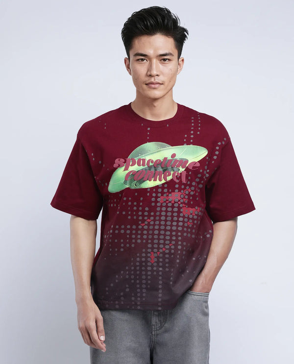 Rare Rabbit Men Nas Red Cotton Fabric Short Sleeve Crew Neck Oversized Fit Ombre and Graphic Print T-Shirt