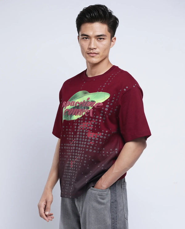 Rare Rabbit Men Nas Red Cotton Fabric Short Sleeve Crew Neck Oversized Fit Ombre and Graphic Print T-Shirt