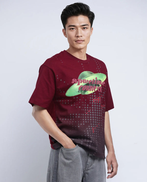 Rare Rabbit Men Nas Red Cotton Fabric Short Sleeve Crew Neck Oversized Fit Ombre and Graphic Print T-Shirt
