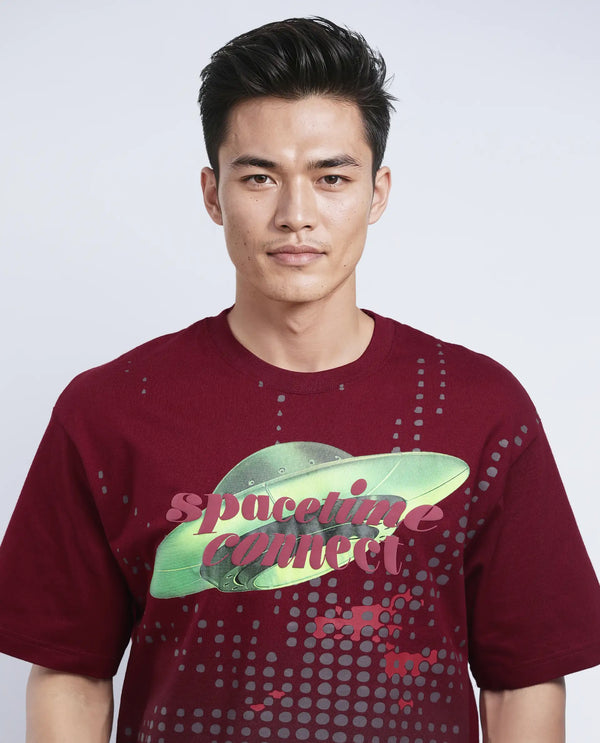 Rare Rabbit Men Nas Red Cotton Fabric Short Sleeve Crew Neck Oversized Fit Ombre and Graphic Print T-Shirt