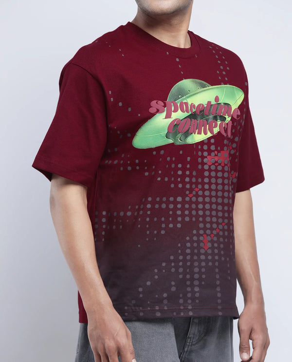 Rare Rabbit Men Nas Red Cotton Fabric Short Sleeve Crew Neck Oversized Fit Ombre and Graphic Print T-Shirt
