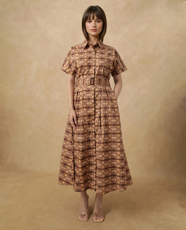 Rareism Women's Native Brown Cotton Blend Fabric Drop Collar Button Closure Half Sleeve Geometric Print Fit And Flare Midi Dress