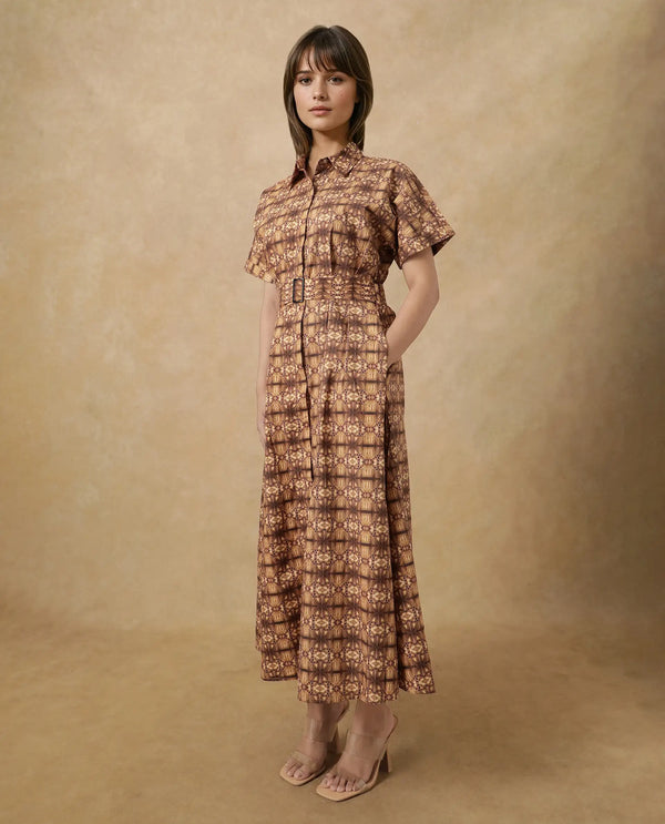 Rareism Women's Native Brown Cotton Blend Fabric Drop Collar Button Closure Half Sleeve Geometric Print Fit And Flare Midi Dress