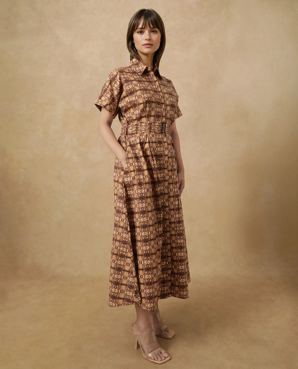 Rareism Women's Native Brown Cotton Blend Fabric Drop Collar Button Closure Half Sleeve Geometric Print Fit And Flare Midi Dress