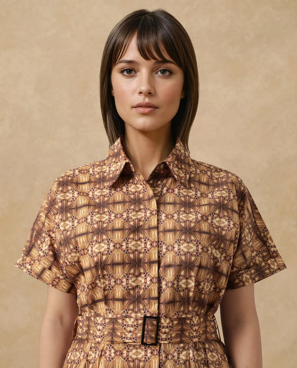 Rareism Women's Native Brown Cotton Blend Fabric Drop Collar Button Closure Half Sleeve Geometric Print Fit And Flare Midi Dress