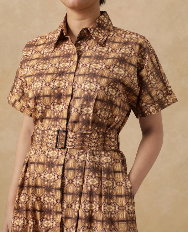 Rareism Women's Native Brown Cotton Blend Fabric Drop Collar Button Closure Half Sleeve Geometric Print Fit And Flare Midi Dress