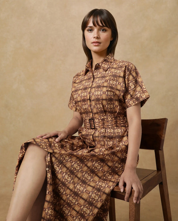 Rareism Women's Native Brown Cotton Blend Fabric Drop Collar Button Closure Half Sleeve Geometric Print Fit And Flare Midi Dress
