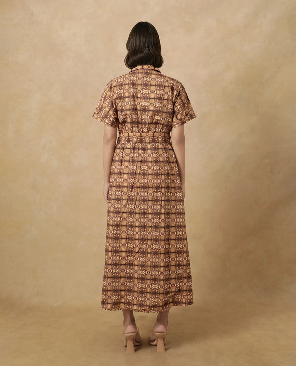 Rareism Women's Native Brown Cotton Blend Fabric Drop Collar Button Closure Half Sleeve Geometric Print Fit And Flare Midi Dress