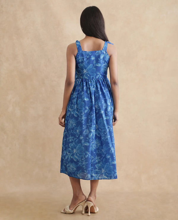 Rareism Women's Natsuki Blue  Shoulder Straps  Sleeveless Floral Print Fit And Flare Midi Dress