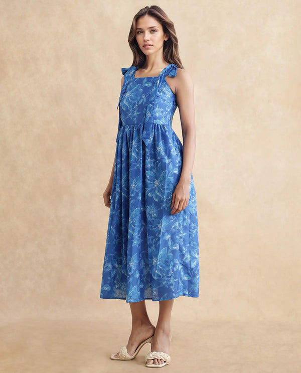 Rareism Women's Natsuki Blue  Shoulder Straps  Sleeveless Floral Print Fit And Flare Midi Dress