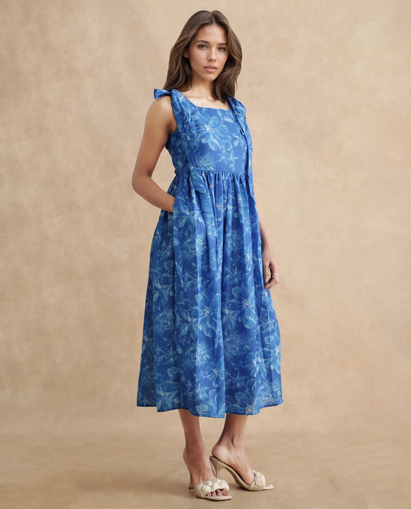 Rareism Women's Natsuki Blue  Shoulder Straps  Sleeveless Floral Print Fit And Flare Midi Dress
